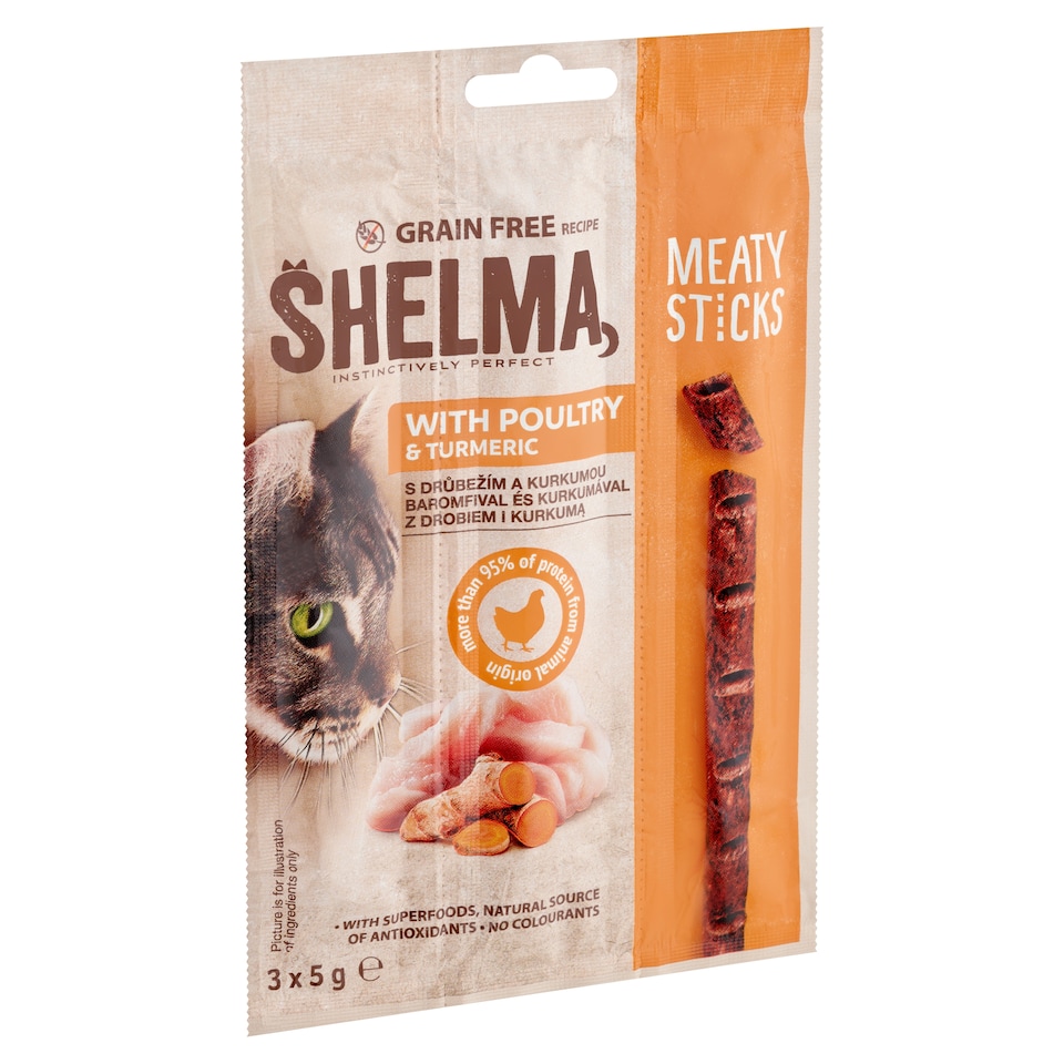 image 1 of Shelma Cat Snack Sticks with Poultry, Turmeric Grain Free Complementary Cat Food 3 x 5 g