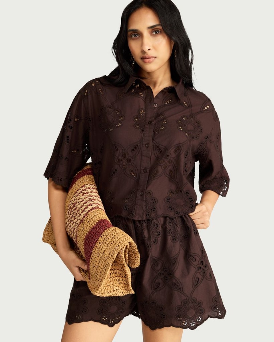 image 1 of The F&F Edit Pure Cotton Embroidered Scallop Hem Co-ord Shirt in Chocolate