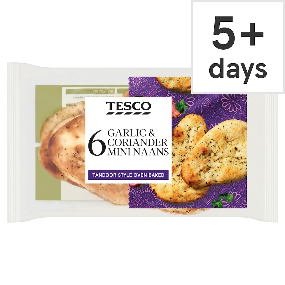 Tesco Mini Garlic & Coriander Naans 6 pack