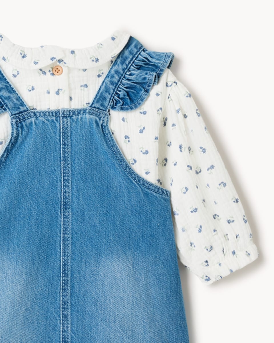 image 1 of F&F Baby Denim Pinny, Bodysuit and Tights Set in Blue