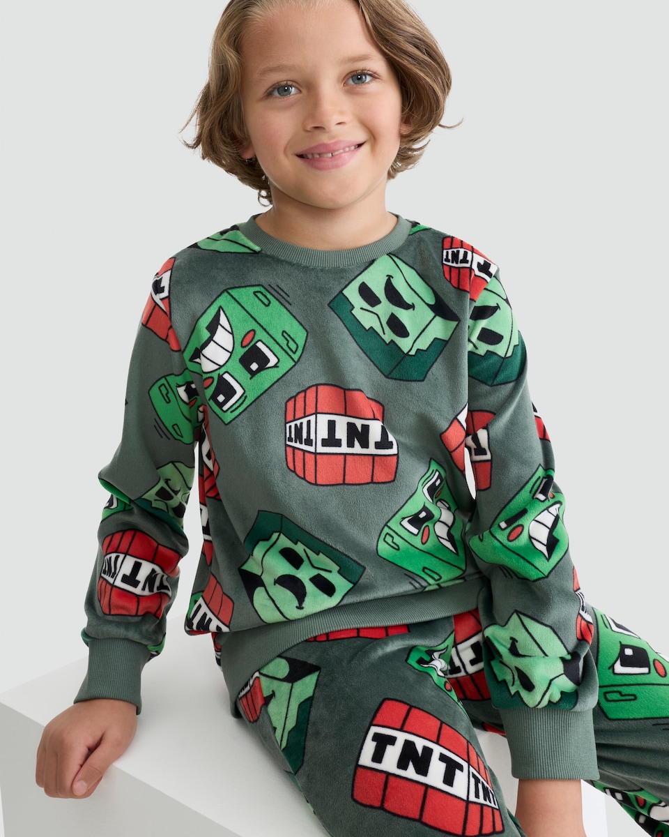image 1 of Minecraft Minky Fleece Creeper and TNT Print Pyjamas in Green