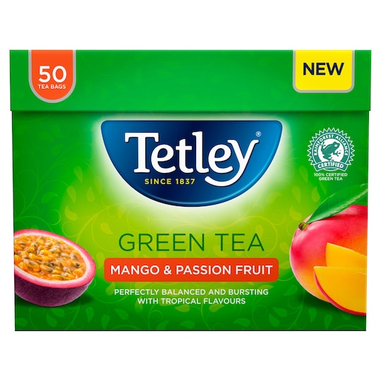 Tetley Green Tea Mango & Passion Fruit 50 Tea Bags 100G Tesco Groceries