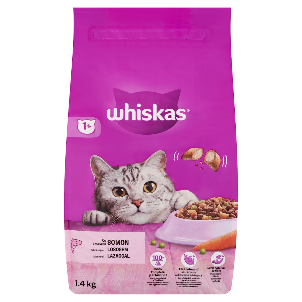 Whiskas 1+ teljes értékű szárazeledel felnőtt macskák számára lazaccal 1,4 kg  1. kép