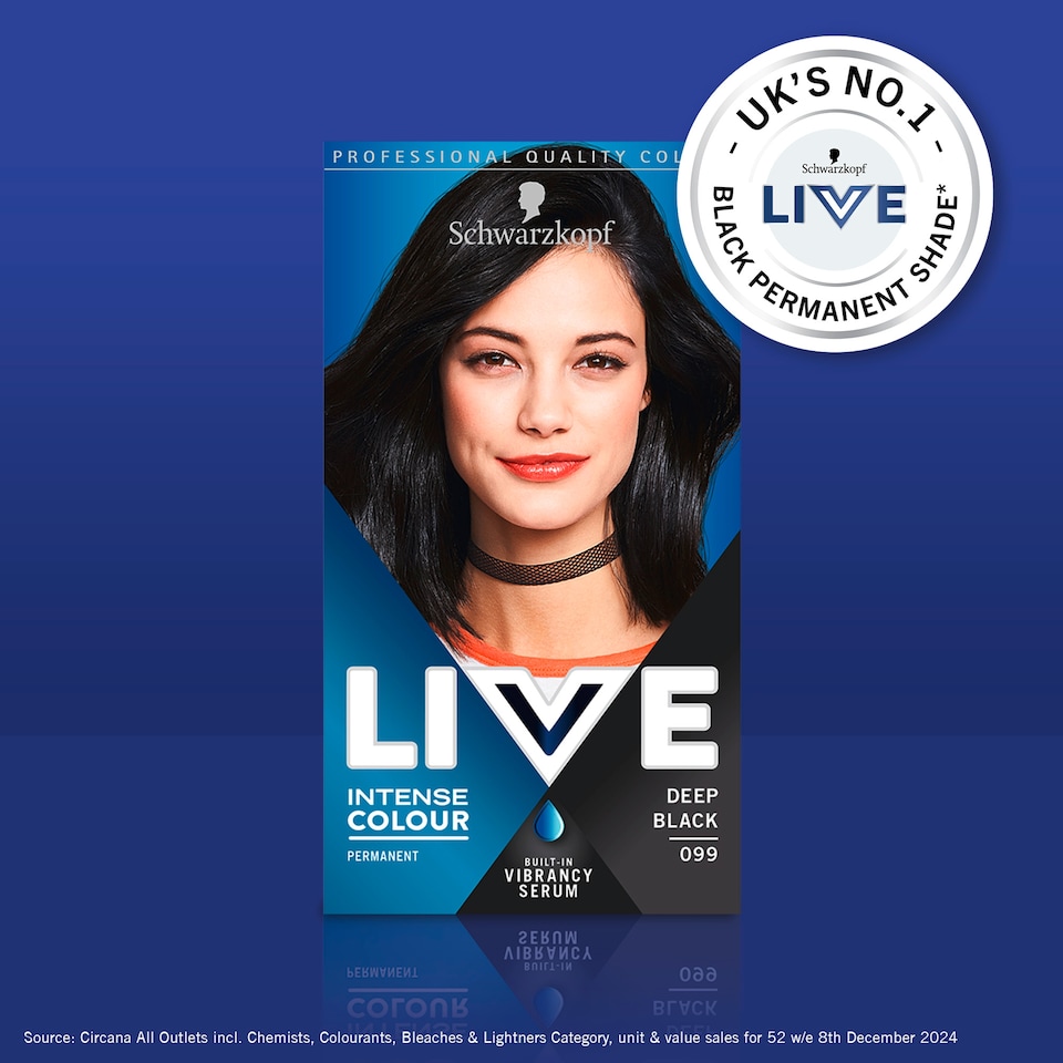 image 1 of Schwarzkopf Live Intense Colour Permanent Hair Dye - Deep Black 099