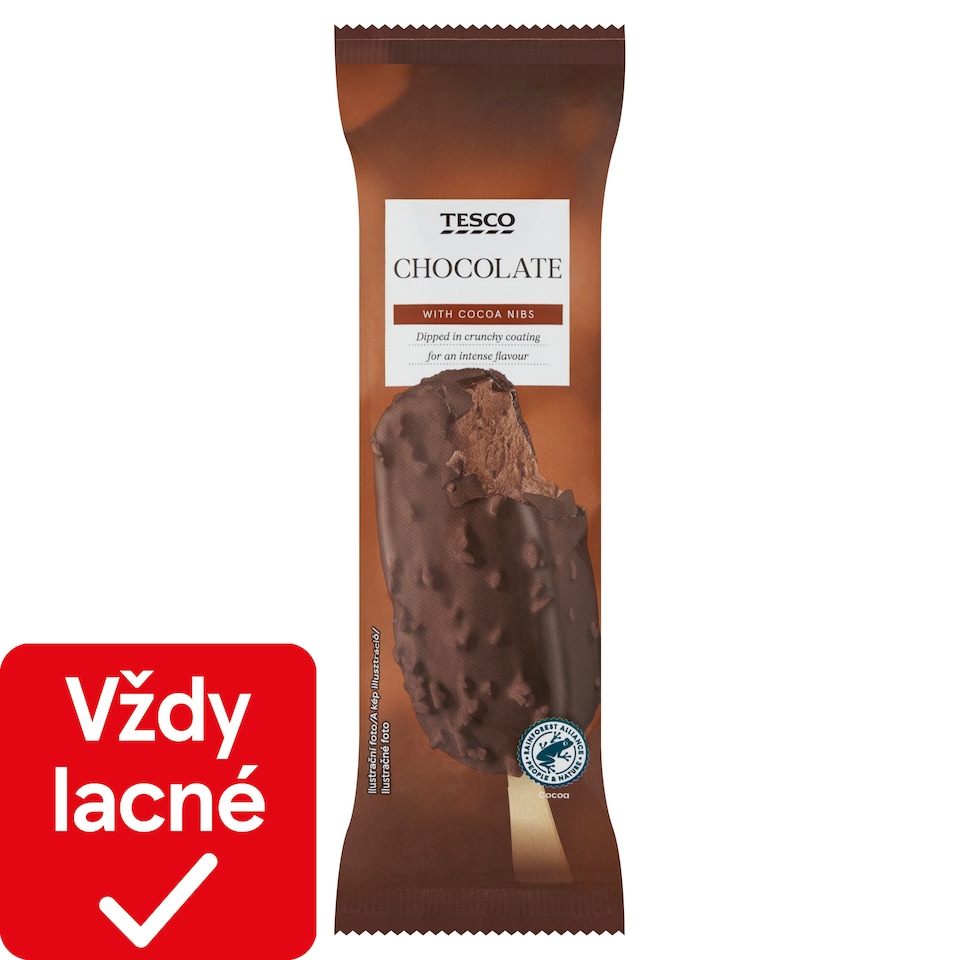 Tesco Mrazený krém s kúskami čokolády v poleve z mliečnej čokolády s kakaovými bôbmi 90 g