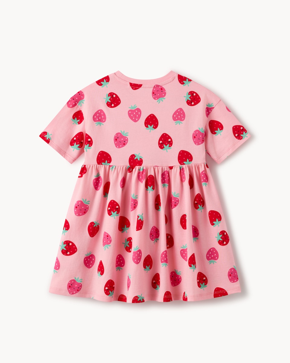 image 1 of F&F Girls Pure Cotton Strawberry Print Short Sleeved Dress in Pink
