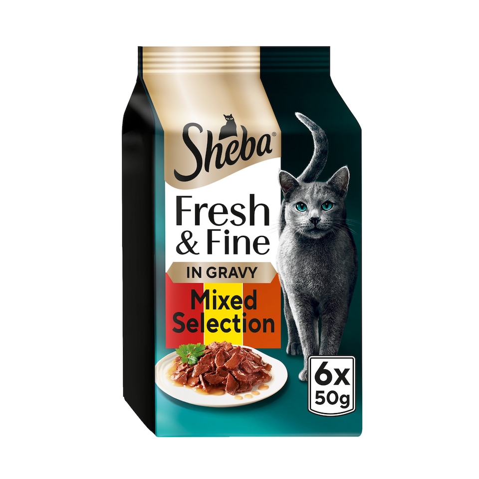 image 1 of SHEBA Fresh & Fine Wet Cat Food Pouches with Beef & Chicken & Lamb in Gravy 6x50g