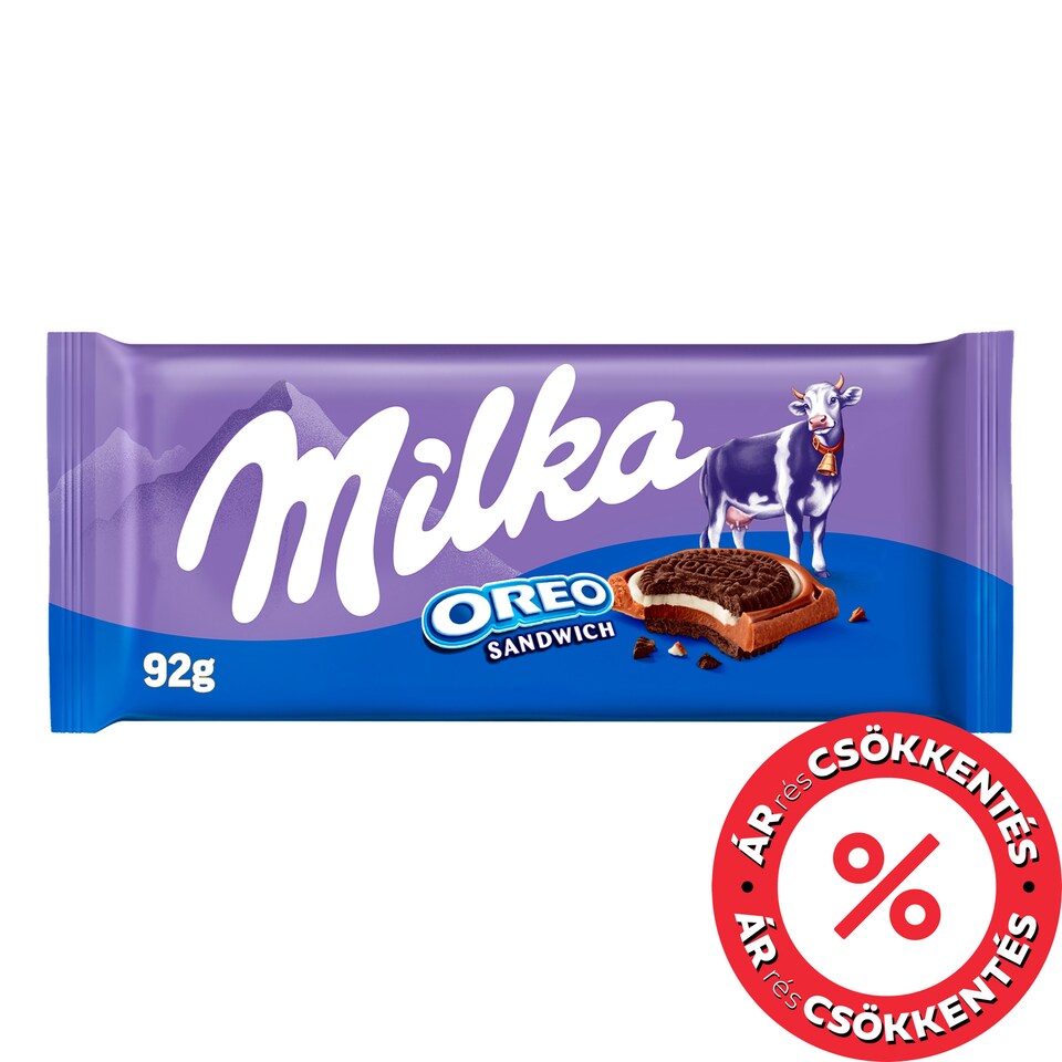 Milka Oreo Sandwich kakaós kekszek vaníliaízű, tejes krémtöltelékkel alpesi tejcsokoládén 92 g