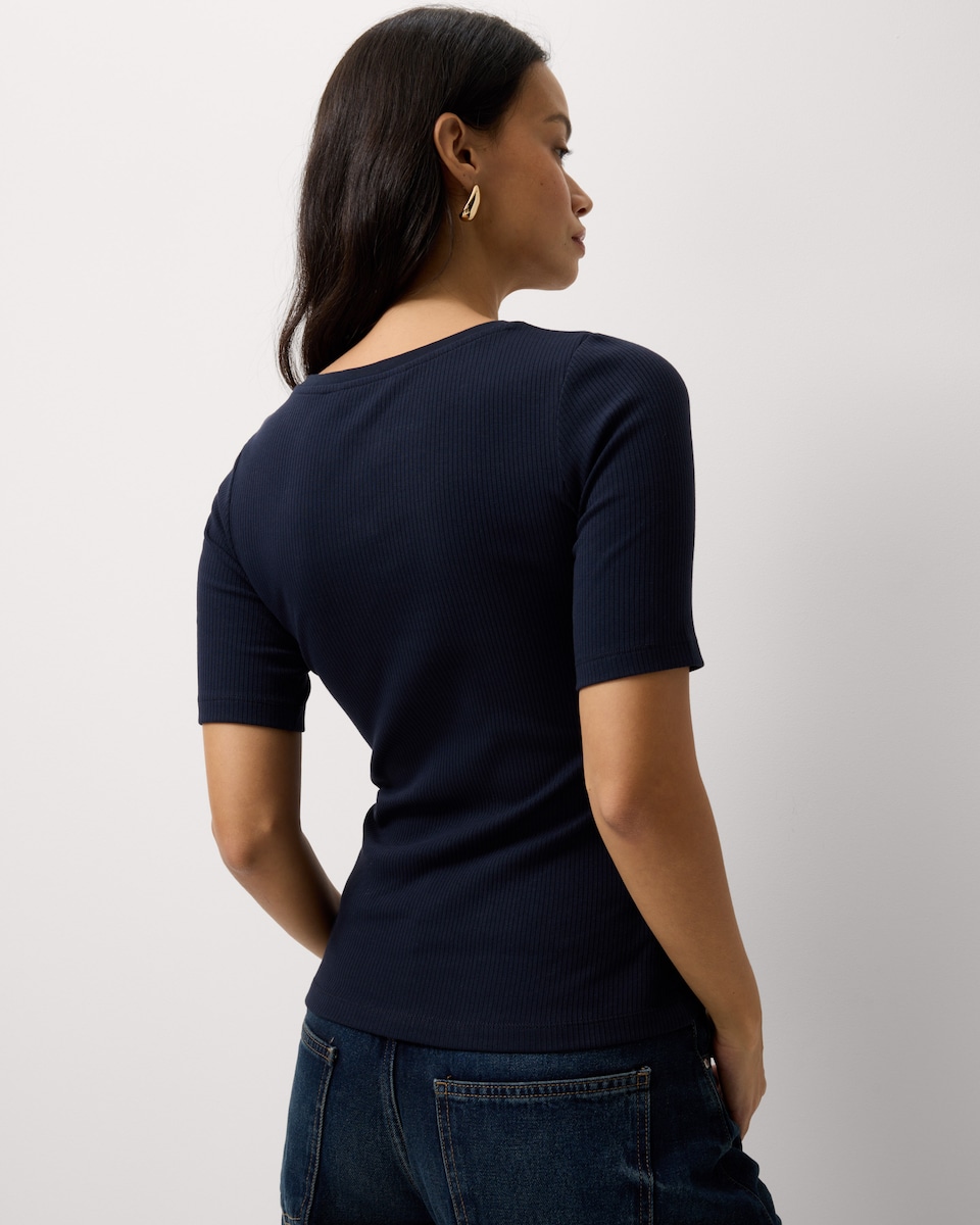 image 1 of F&F Cotton Rich Ribbed Short Sleeved Button Up Top in Navy