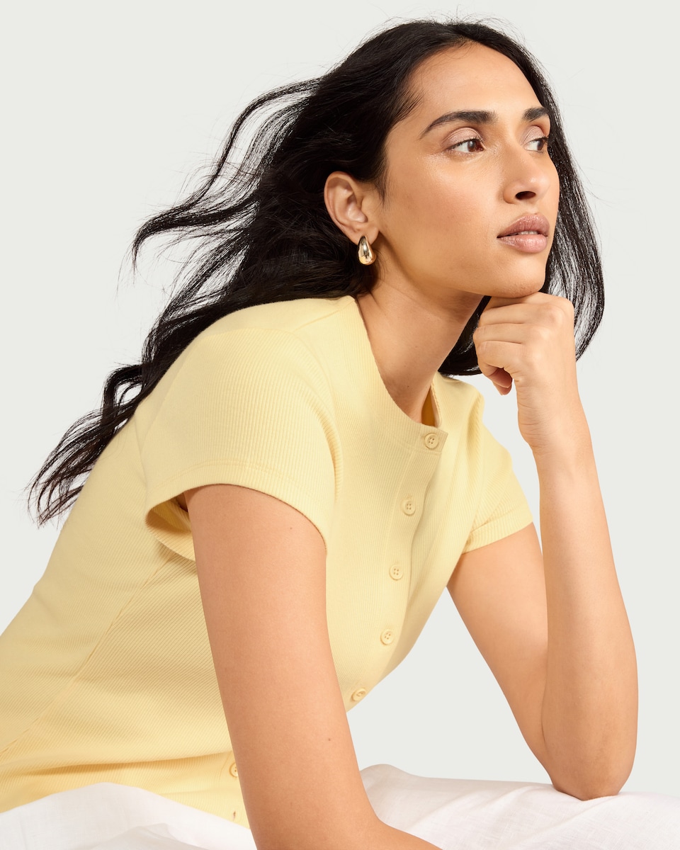 image 1 of F&F Cotton Rich Ribbed Button Up Top in Yellow
