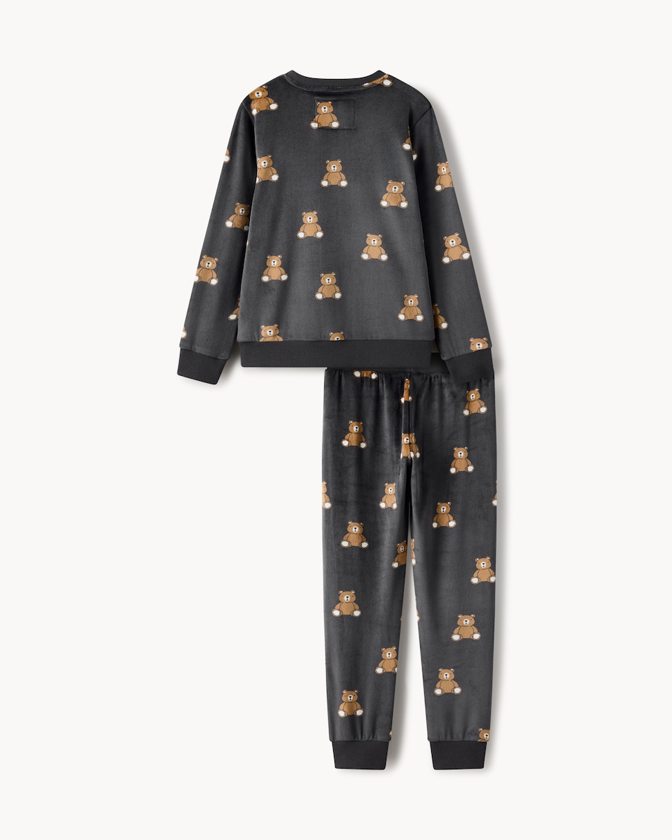 image 1 of F&F Minky Fleece Teddy Bear Pyjama Set in Grey