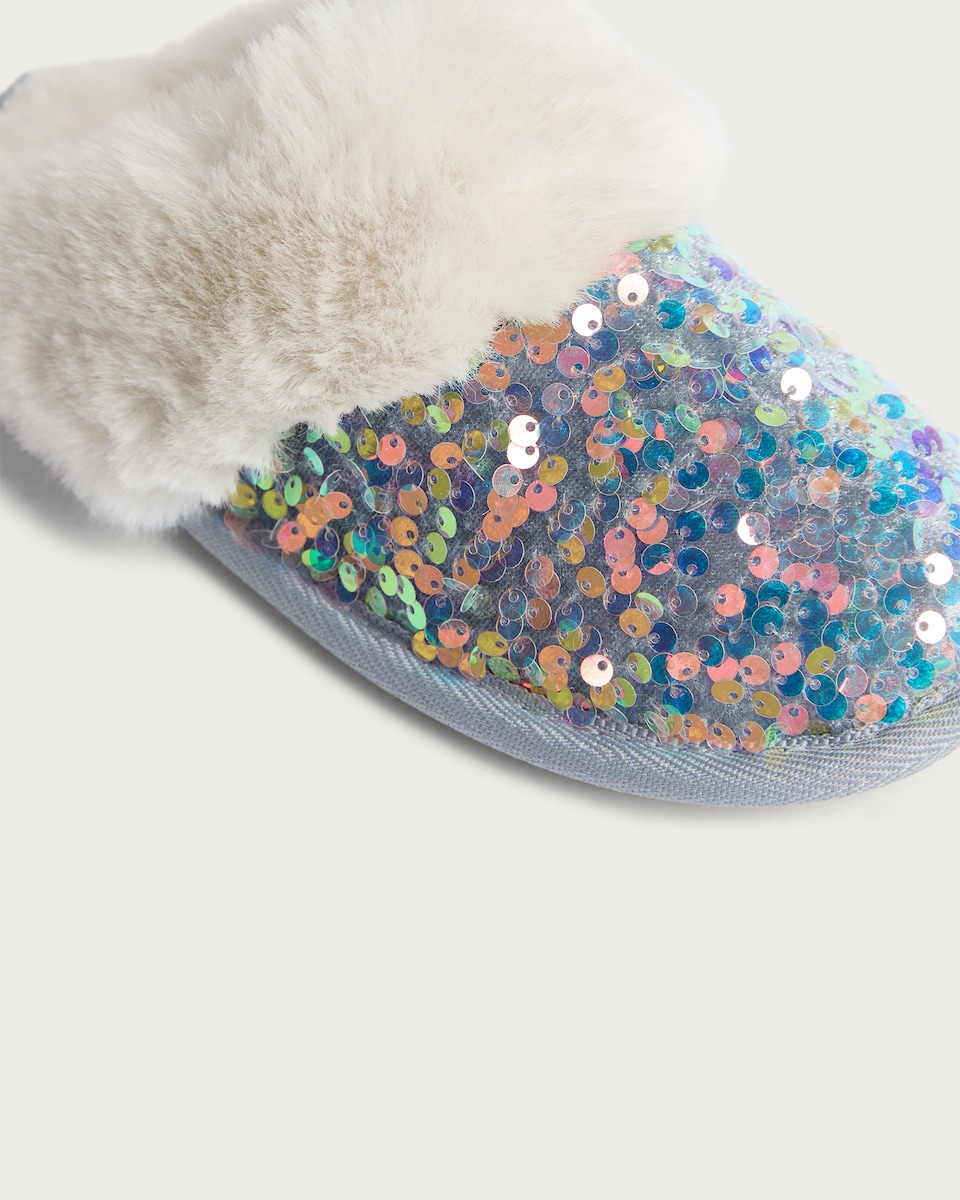 image 1 of F&F Girls Sequin Faux Fur Trim Mule Slippers in Blue
