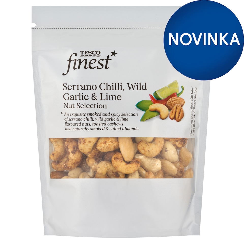 Tesco Finest Zmes solených jadier s príchuťou serrano čili, cesnaku a limetky 150 g