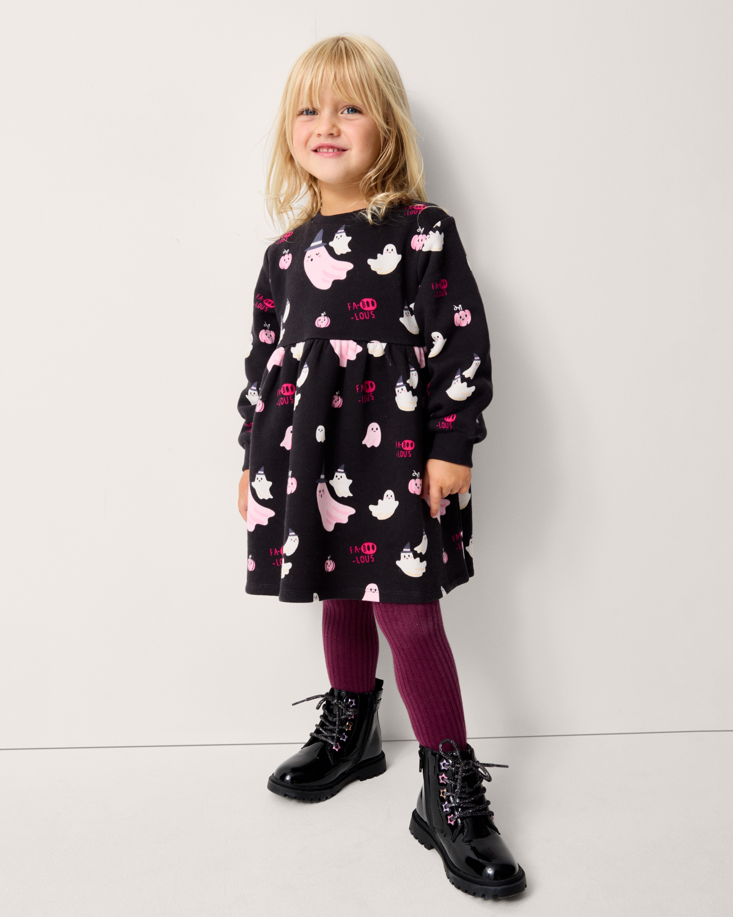 F&F Girls Cotton Rich Halloween Print Sweat Dress in Multi Black