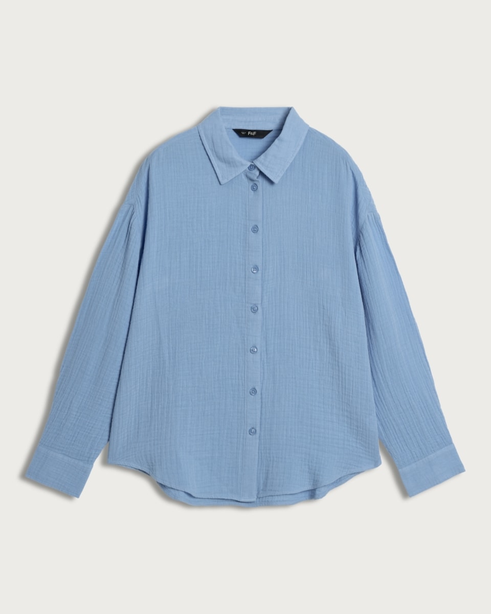 F&F Pure Cotton Double Cloth Long Sleeved Shirt in Blue - Tesco