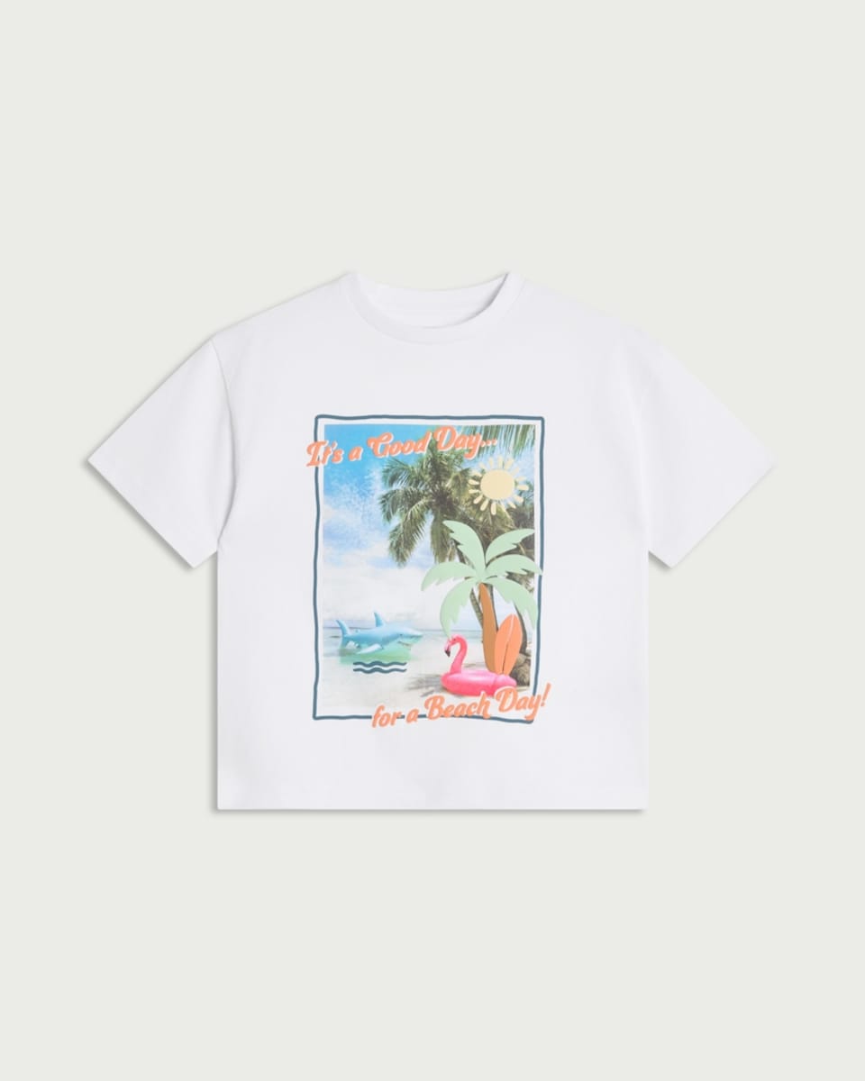image 1 of F&F Boys Pure Cotton Beach Day Print T-Shirt in White