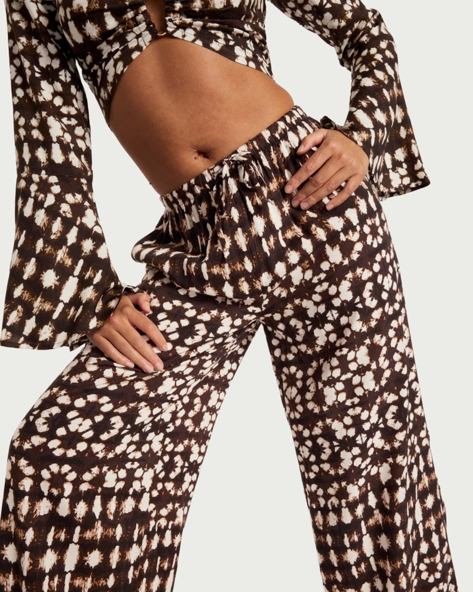 image 1 of F&F Printed Wide Leg Co-ord Beach Trousers in Brown
