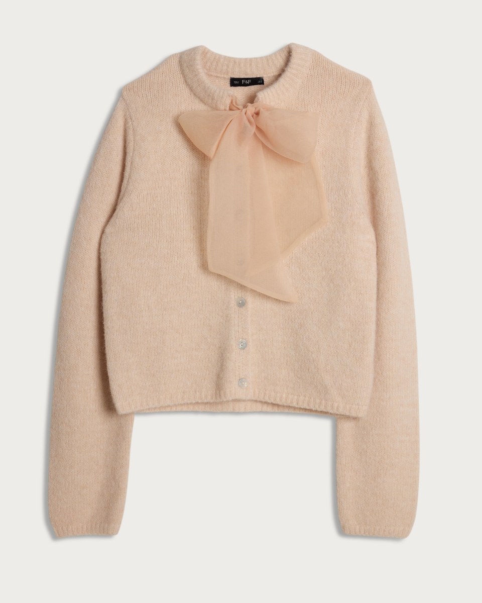 image 1 of The F&F Edit Textured Bow Detail Cardigan with Wool in Neutral
