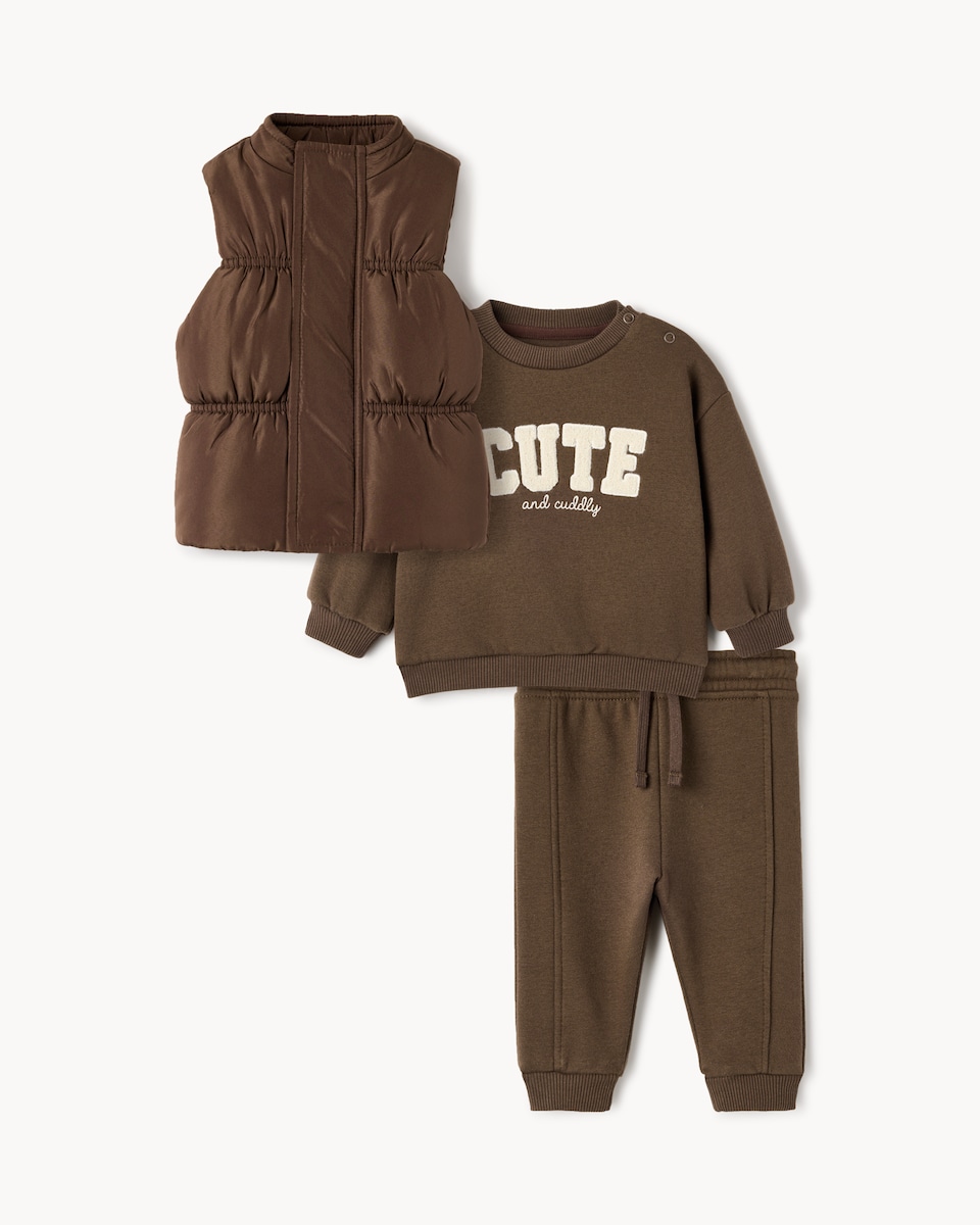 image 1 of F&F Baby Gilet, Sweatshirt and Joggers Set in Brown