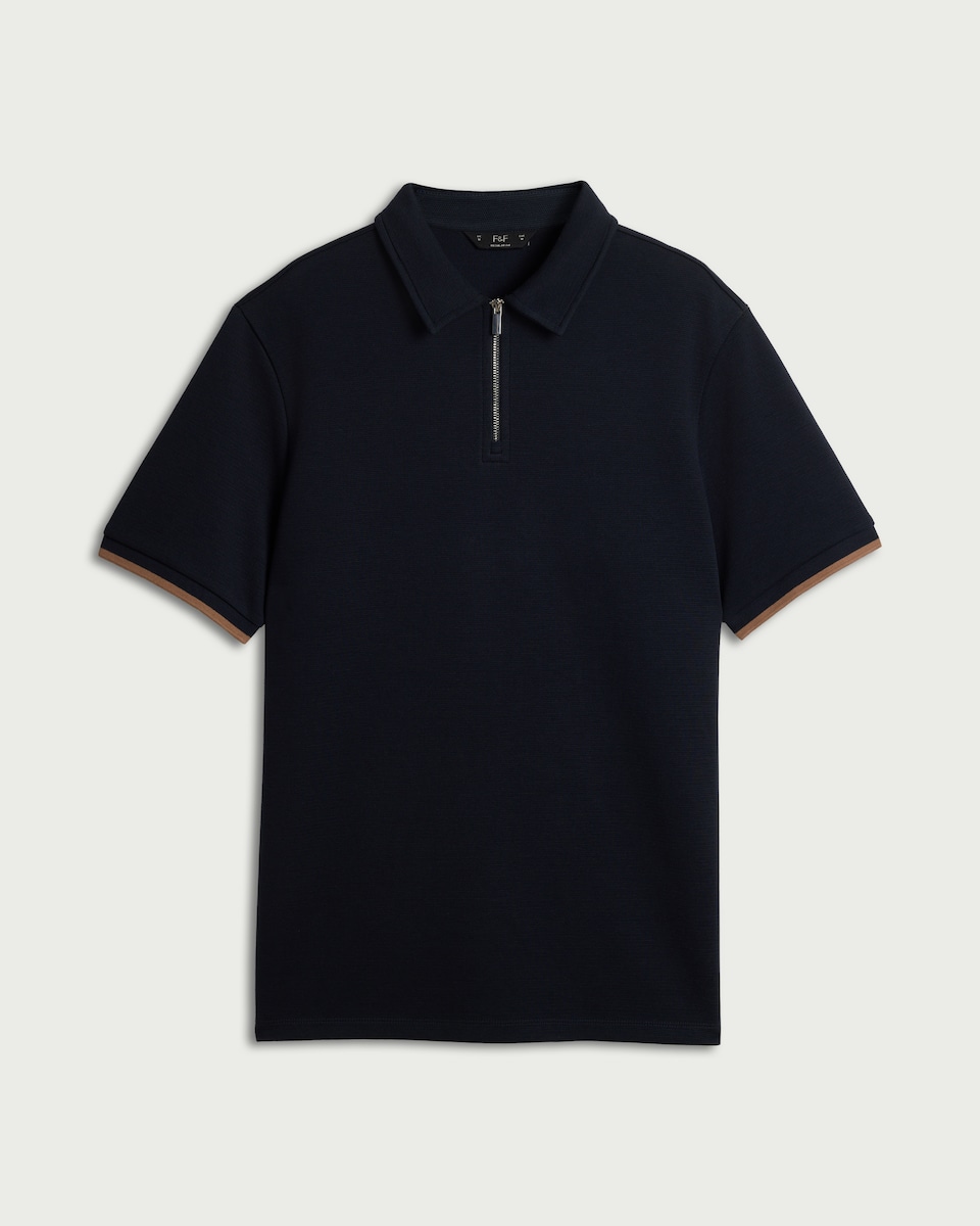 image 1 of F&F Textured Zip Neck Tipped Polo Shirt in Navy