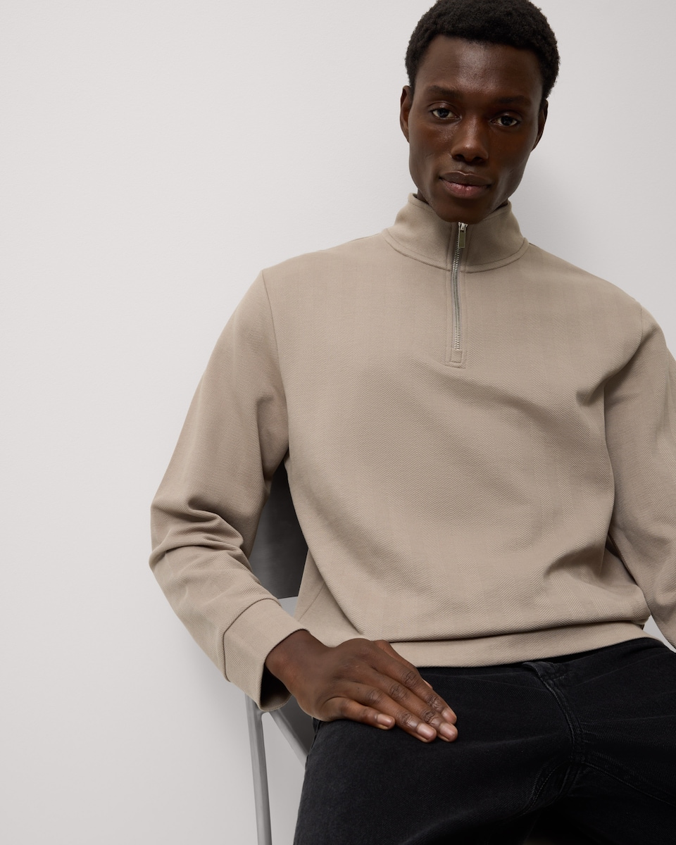 image 1 of F&F Cotton Rich Herringbone Half Zip Sweatshirt in Stone