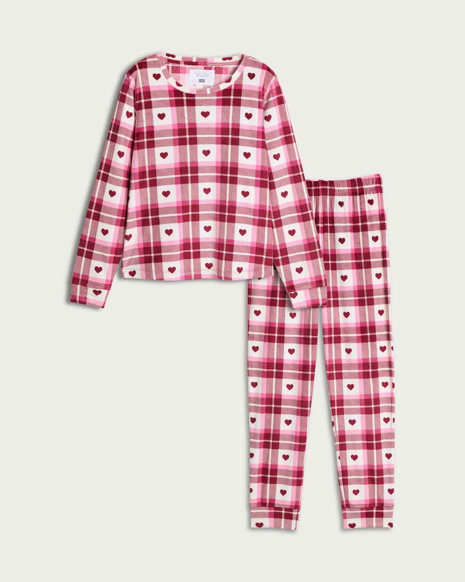 image 1 of F&F Fleece Heart Check Print Top and Trousers Pyjamas in Red