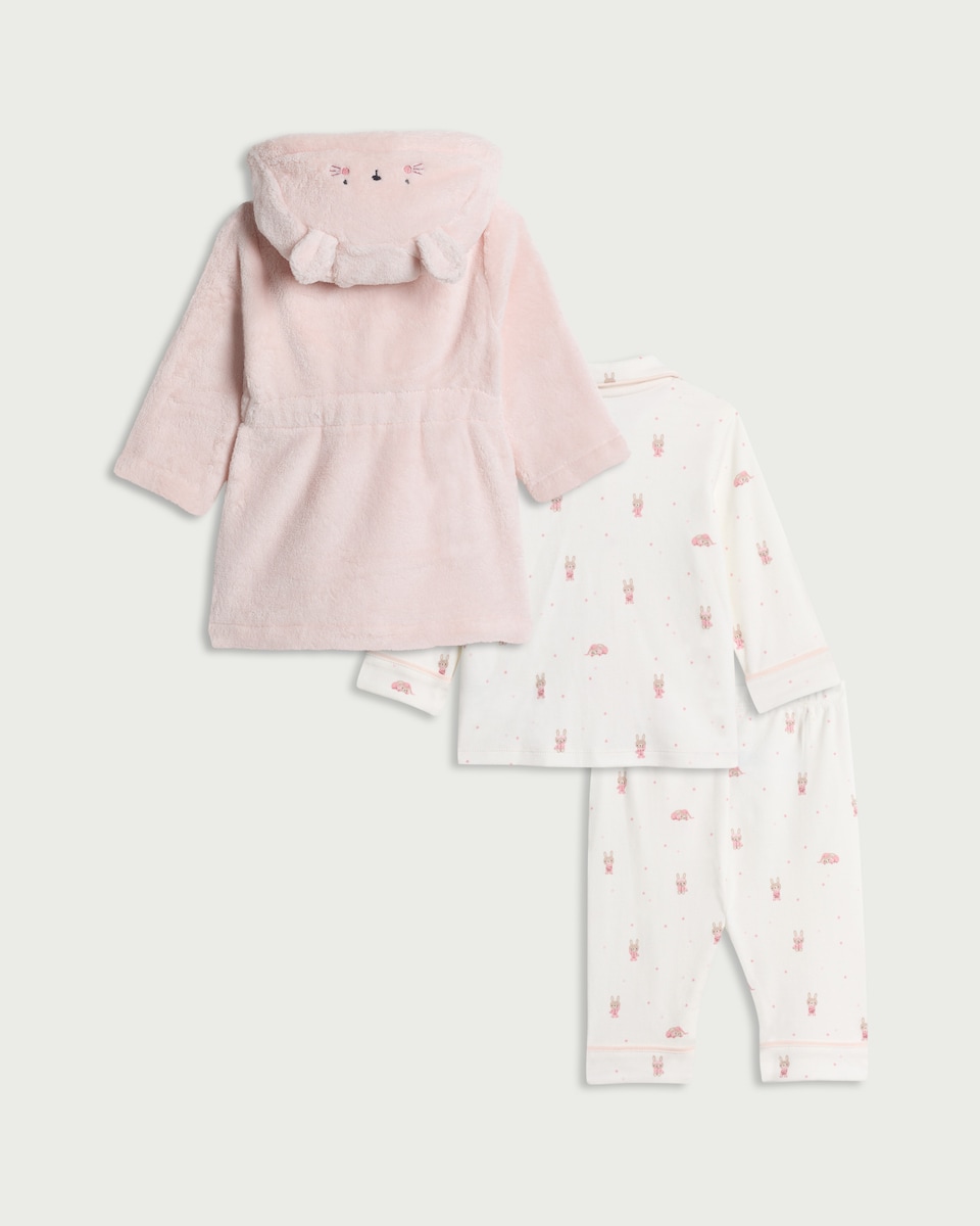 image 1 of F&F Baby 3-Piece Bunny Pyjama and Robe Set in Pink