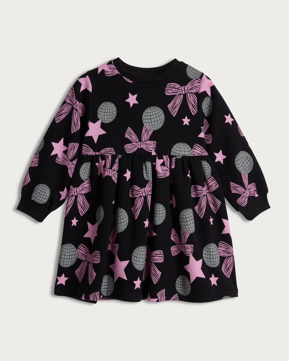 F&F Girls Cotton Rich Disco Ball Bow Print Dress in Black