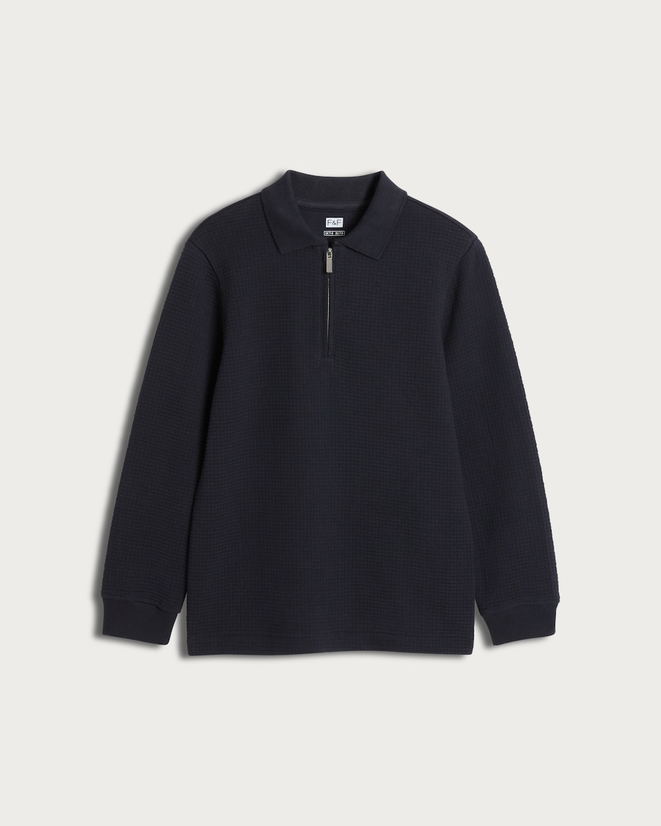 image 1 of F&F Boys Pure Cotton Waffle Textured Zip Polo Top in Navy