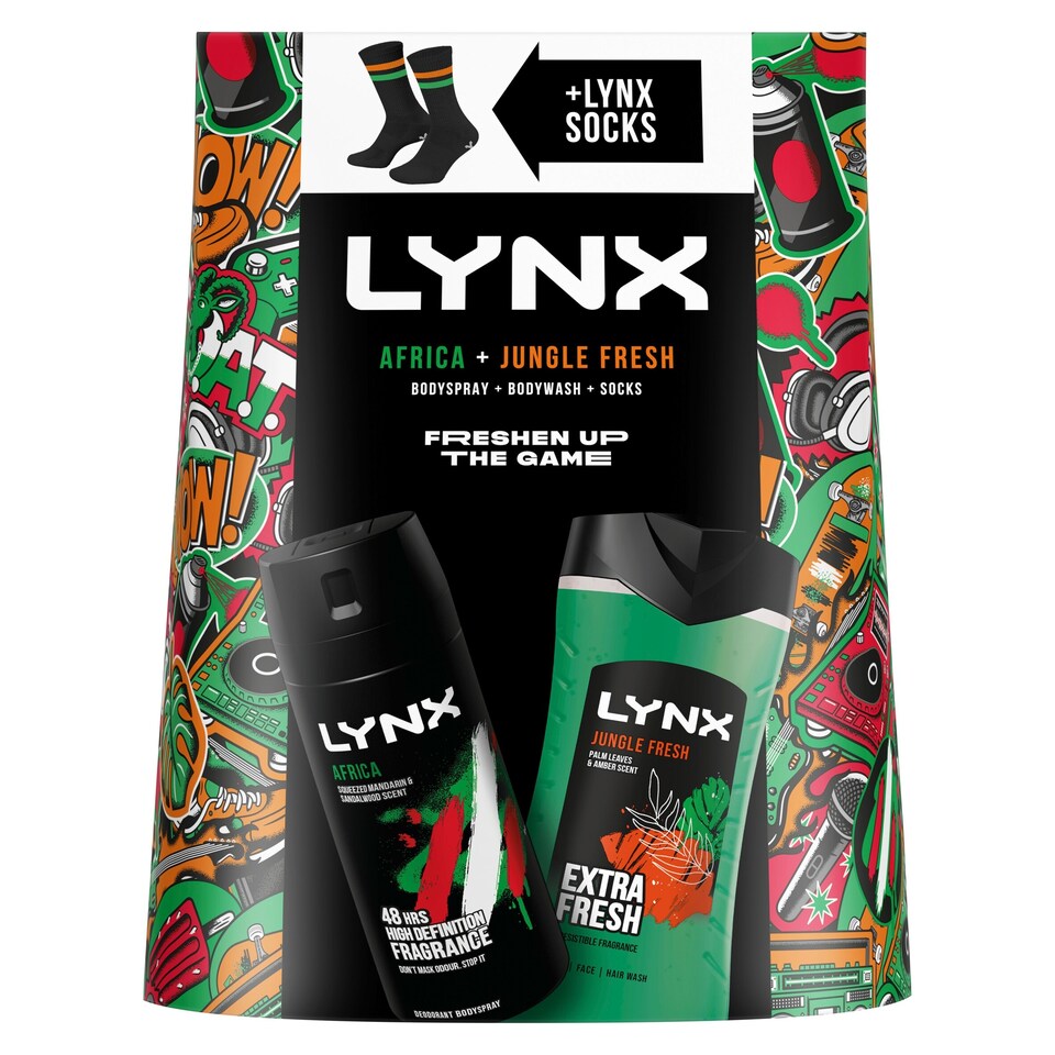 image 1 of Lynx Africa Bodyspray, Jungle Fresh Body Wash & Socks Gift Set