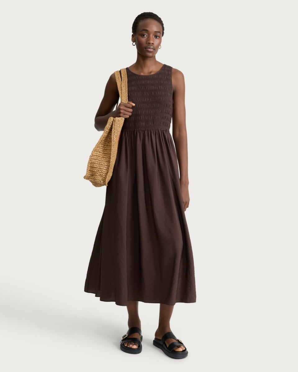 image 1 of F&F Shirred Sleeveless Midi Dress in Chocolate