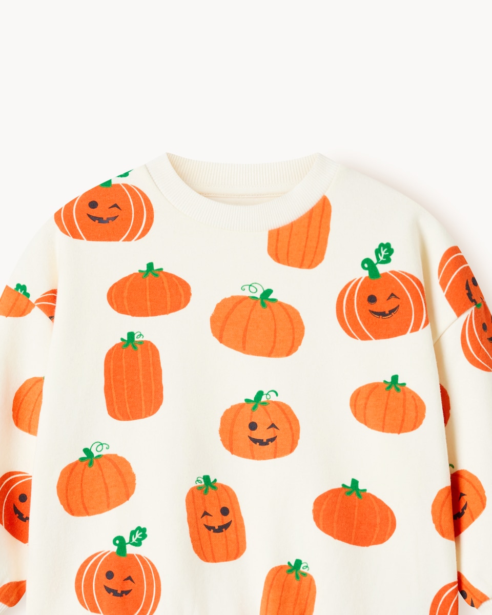 image 1 of F&F Boys Cotton Rich Halloween Pumpkin Sweatshirt in Cream