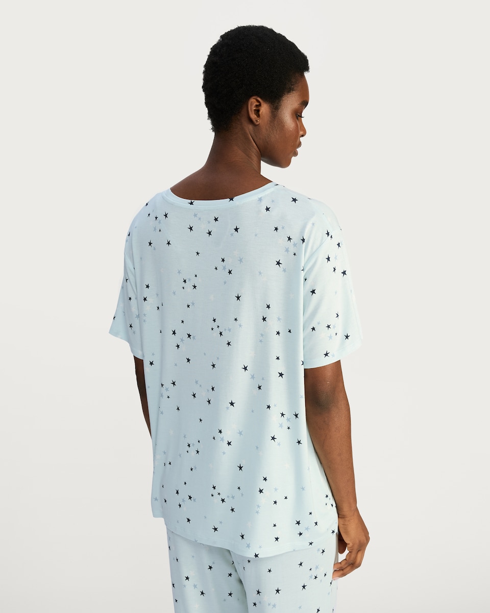 image 1 of F&F Star Print Short Sleeved Pyjama Top in Multi Blue