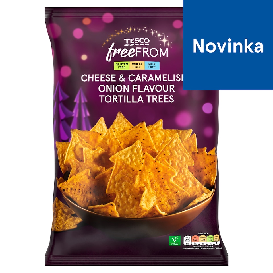 Tesco Free From Kukuričné lupienky s príchuťou cibule, cesnaku, karamelizovaného cukru a syra 150 g