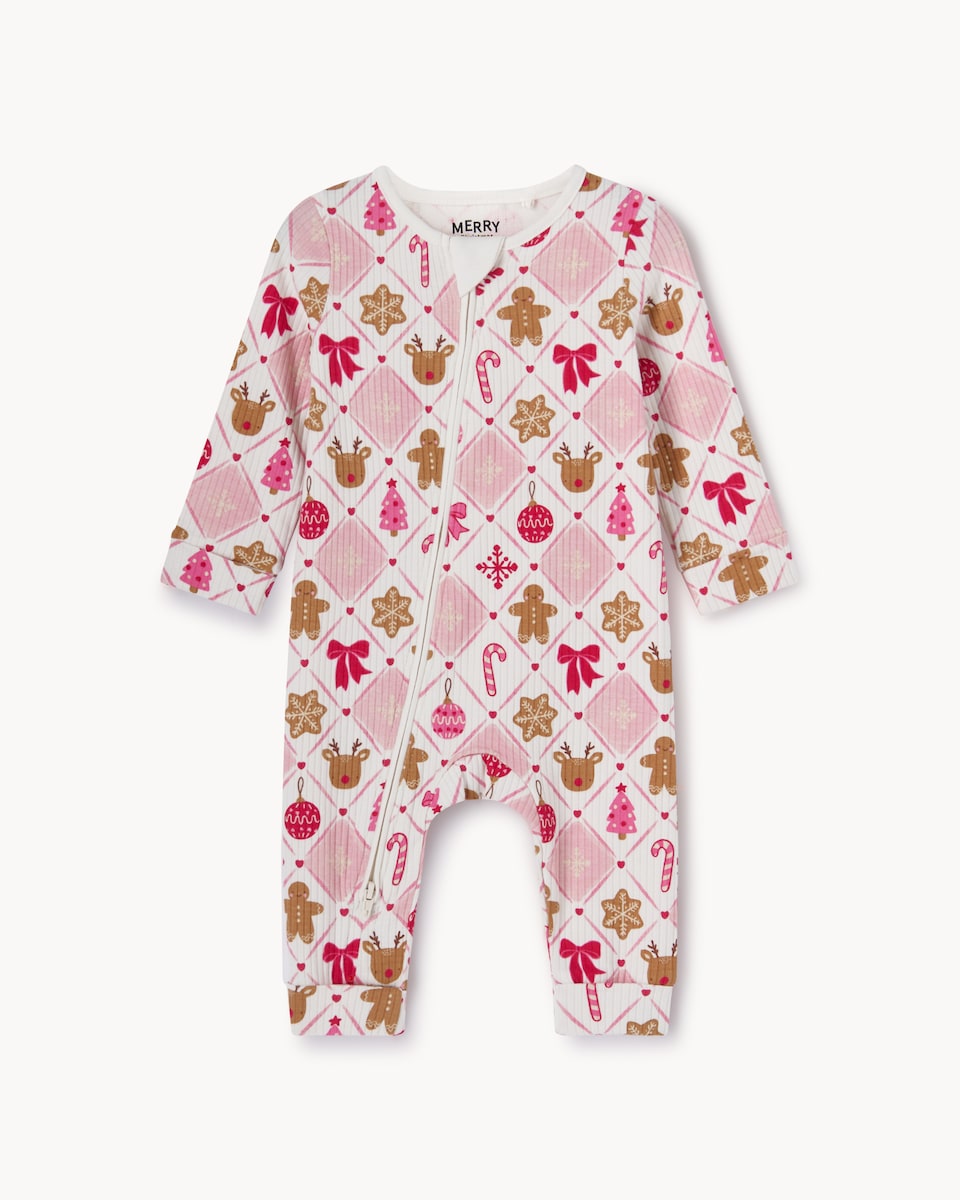 image 1 of Christmas Baby Cotton Rich Ribbed Printed Sleepsuit in Pink