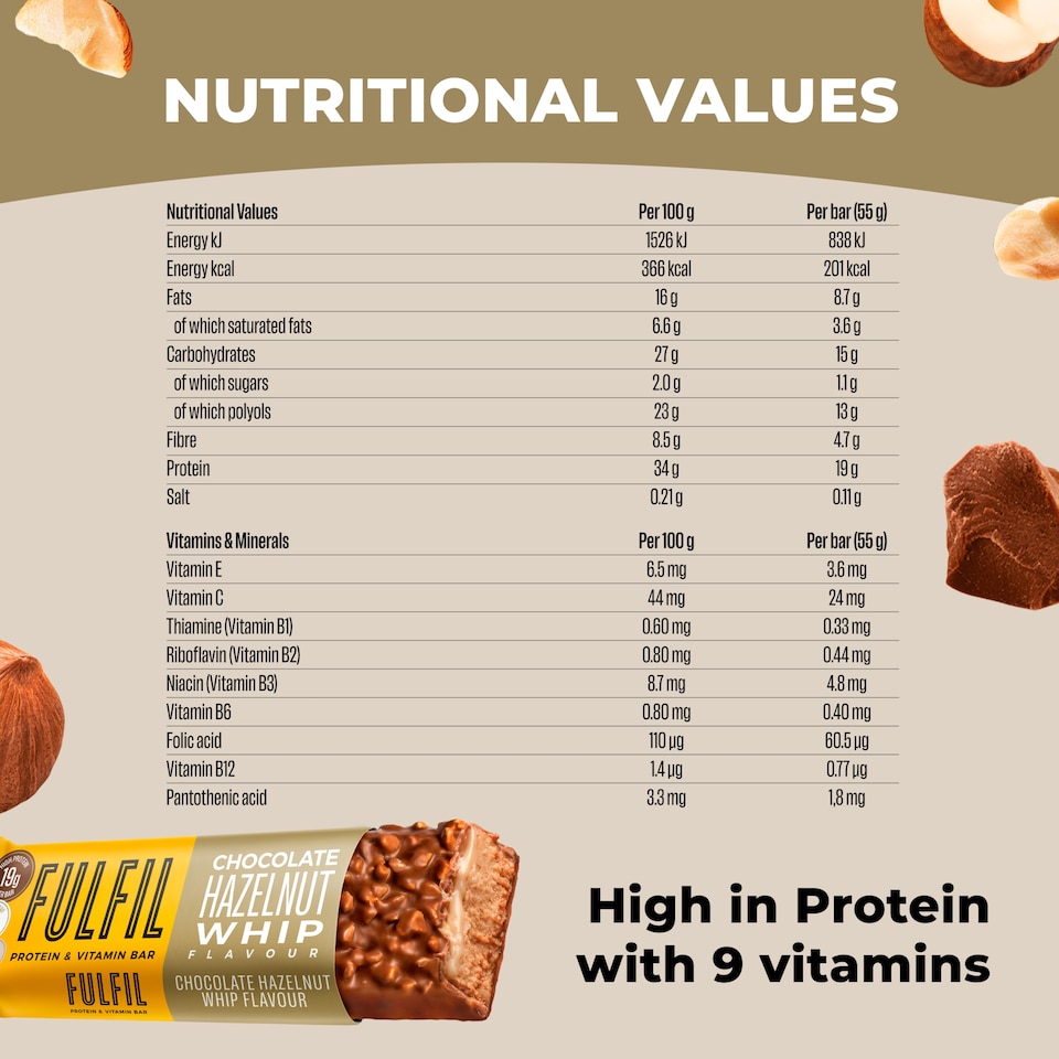 image 1 of Fulfil Chocolate Hazelnut Whip Flavour Protein & Vitamin Bar 55g