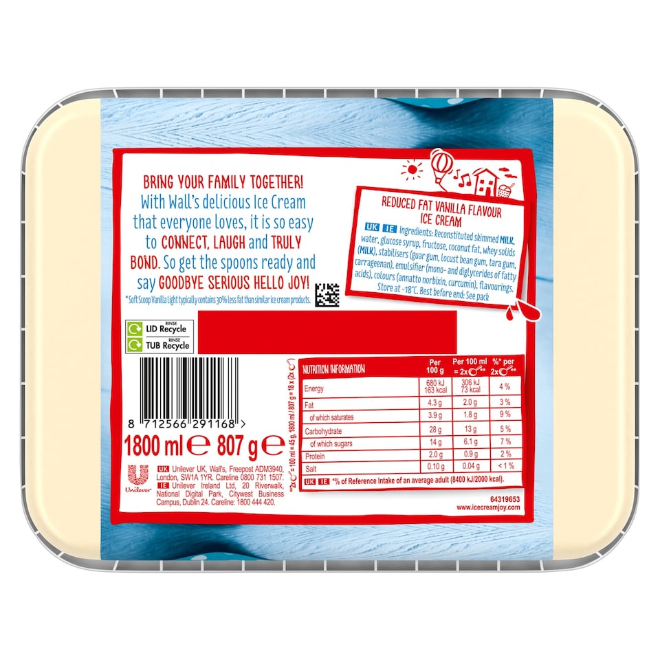 image 1 of Walls Soft Scoop Vanilla Light Ice Cream Tub 1800ml