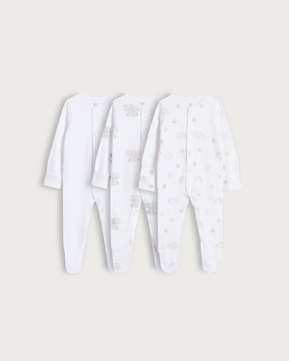 image 1 of F&F Baby 3-Pack Pure Cotton Rainbow and Animal Print Sleepsuits in White