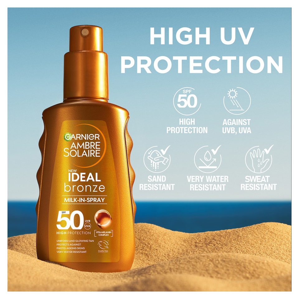 image 1 of Garnier Ambre Solaire Ideal Bronze Milk-In Tanning Spray SPF50 150ml