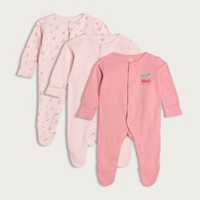 F&F Baby 3-Pack Pure Cotton Cherry Print Long Sleeved Sleepsuits in Pink