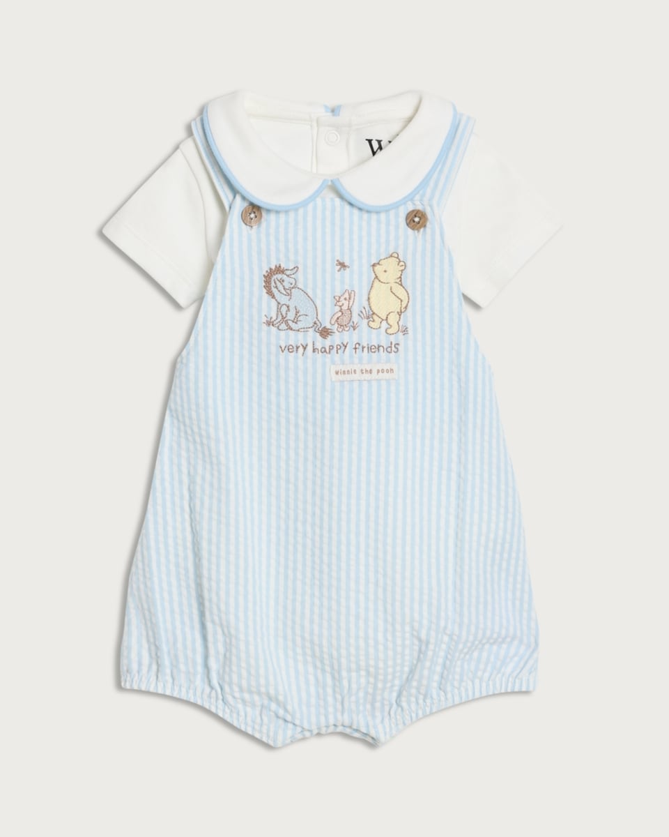 Disney Winnie the Pooh 2-Piece Very Happy Friends Bodysuit and Romper Set in Blue