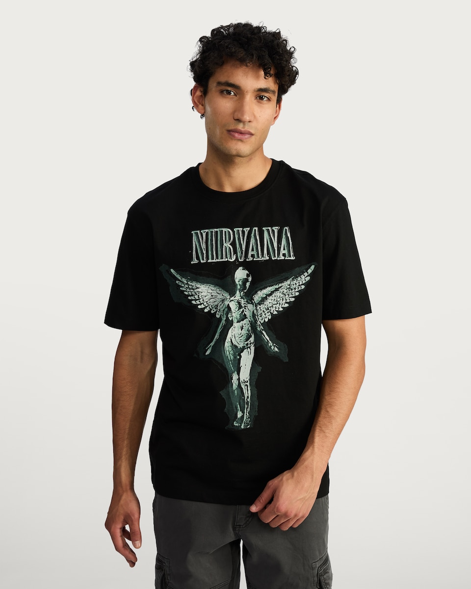image 1 of Nirvana Cotton Rich Print T-Shirt in Black