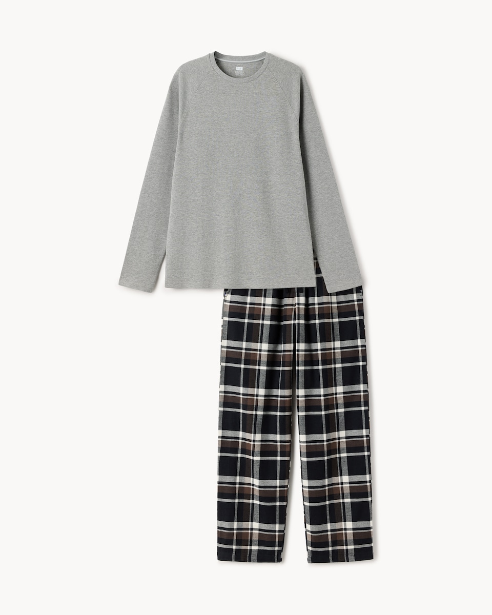 image 1 of F&F Cotton Rich Waffle Checked Pyjama Set in Grey