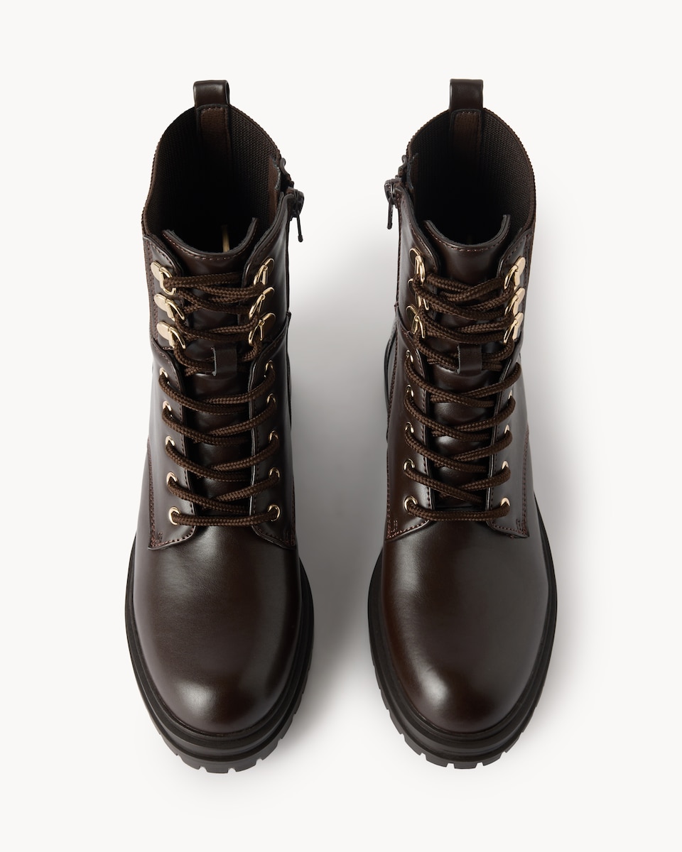 image 1 of F&F Faux Leather Lace Up Ankle Boots in Brown