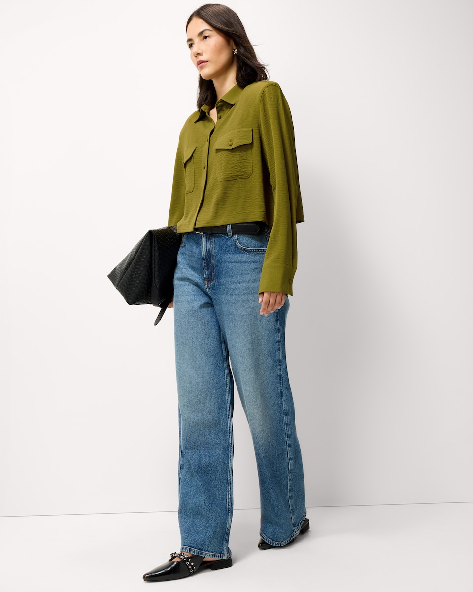 image 1 of F&F Textured Shoulder Pad Cropped Shirt in Green