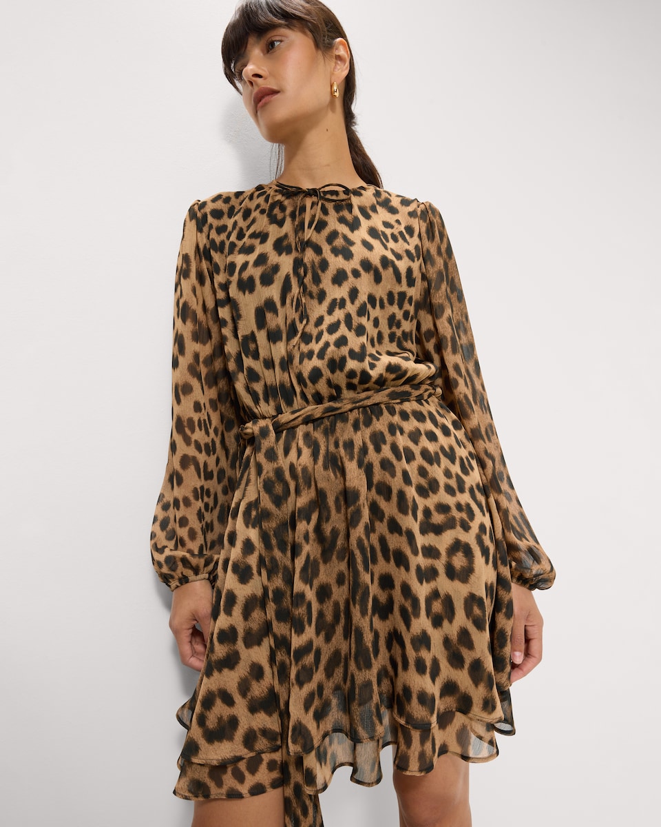 image 1 of F&F Leopard Print Tie Neck Mini Dress in Multi Brown