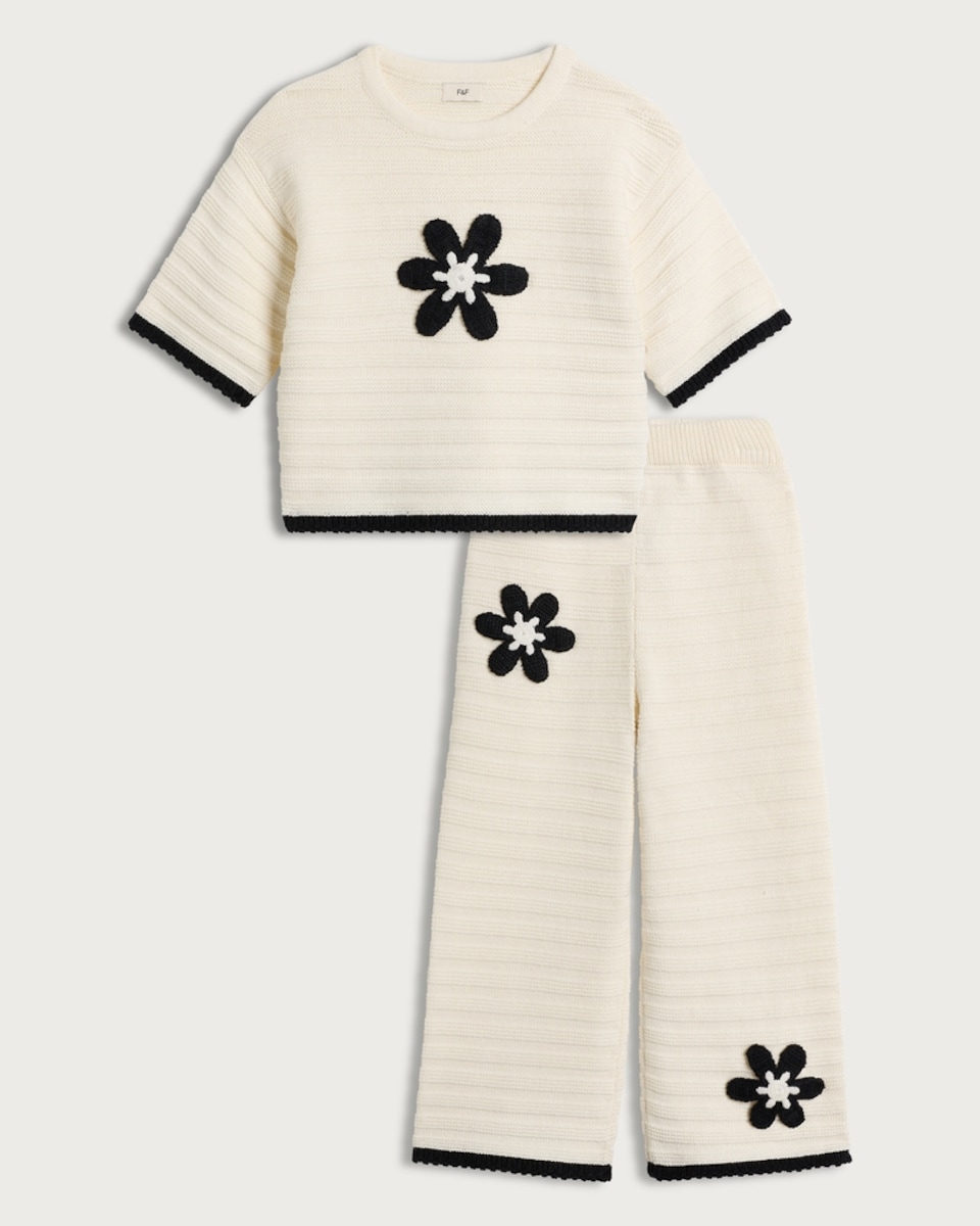 image 1 of F&F Girls 2-Piece Pure Cotton Knitted Textured Flower Top and Trousers Set in Cream