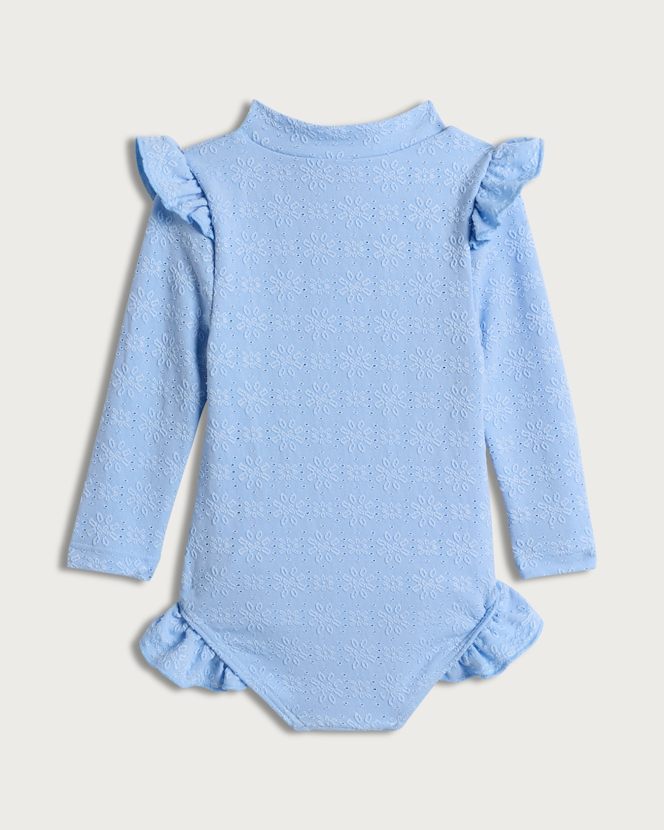 image 1 of F&F Girls Floral Broderie Frill Long Sleeved Swimsuit in Blue