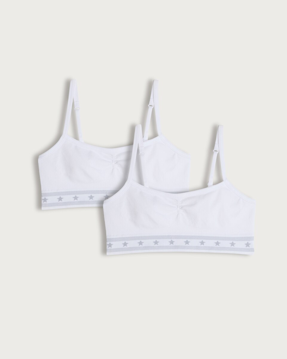 F&F Girls 2-Pack Ribbed Star Print Strappy Crop Tops in White