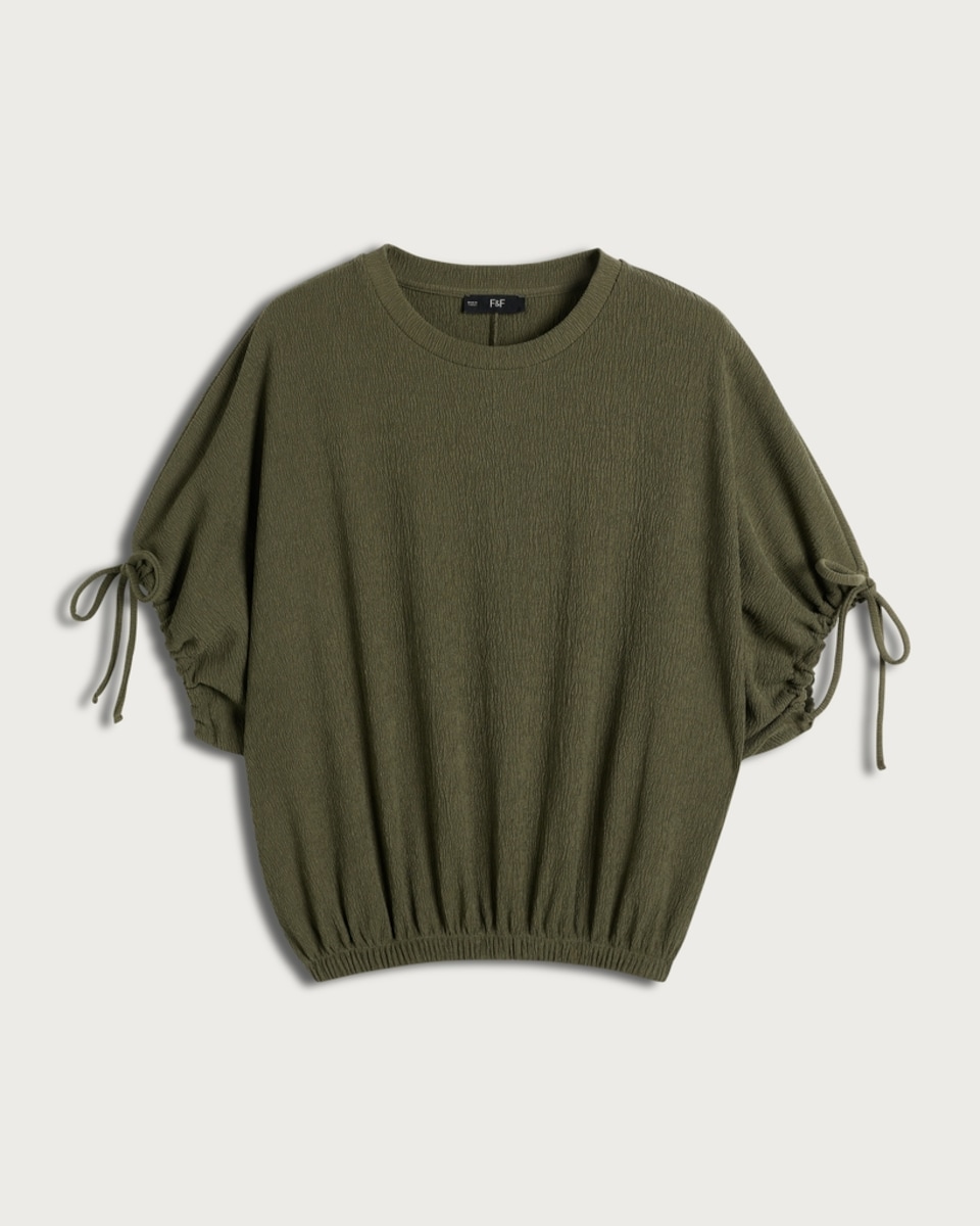 F&F Textured Ruched Sleeve Balloon Hem Top in Khaki